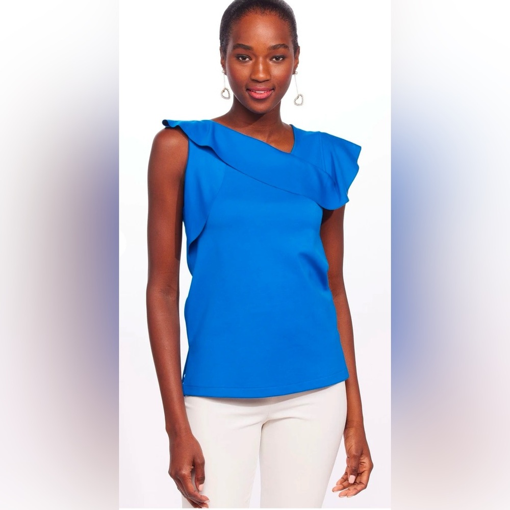 #45 asymmetrical top with an offset V-neck and a flutter sleeve, size S